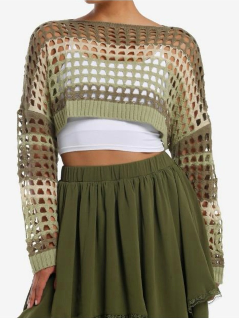 NWT Hot Topic Thorn & Fable Green & Cream Stripe Open Knit Bolero Crop Shrug M